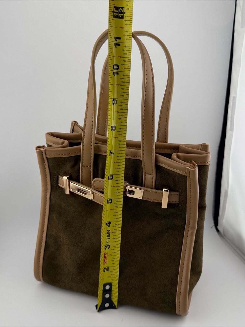 NWT Remi and Reid Green/Tan Faux Suede and Faux Leather Mini Tote and Crossbody - Picture 9 of 16